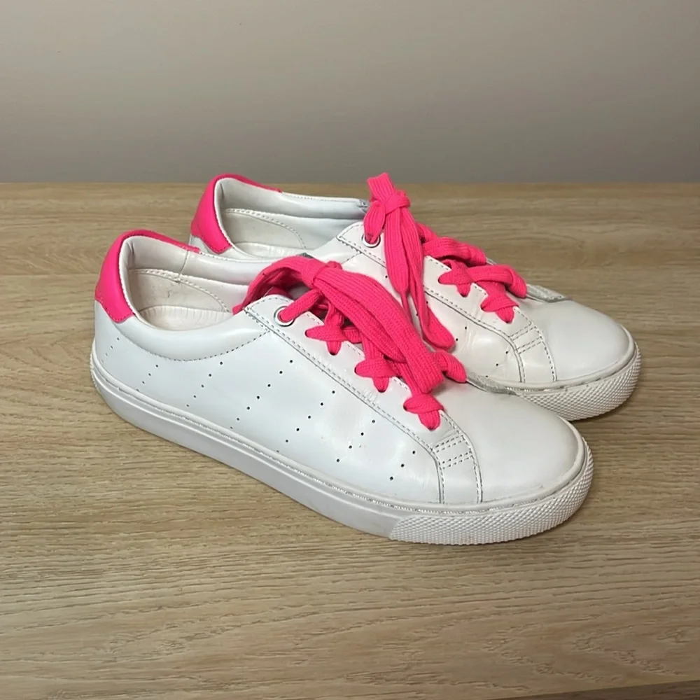 J. Crew Saturday white leather sneaker with hot pink trim and laces Size‎ 6